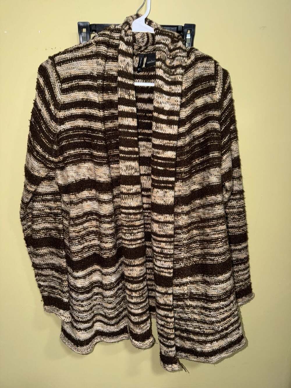 New Directions Open Front Cardigan Large Brown Cream Striped Knit Sweater